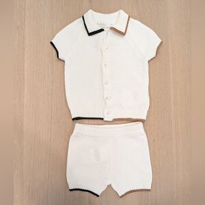 White Knit Baby Outfit with Brown and Black Trim